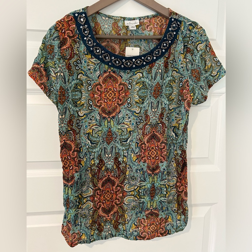 Kim Rogers Beaded paisley Top Blue Orange Size LP